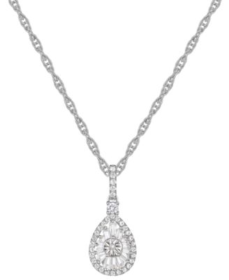 Macy's - Diamond Round & Baguette Teardrop Cluster 18" Pendant Necklace (1/4 ct. t.w.) in Sterling Silver