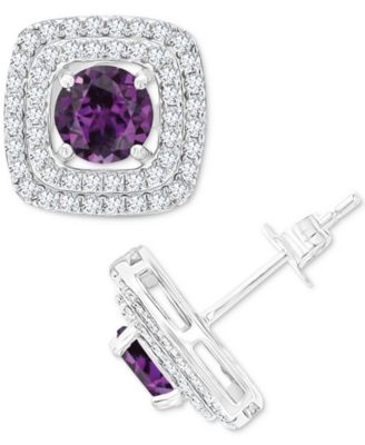 Macy's - Amethyst (1-1/2 ct. t.w.) & Lab-Grown White Sapphire (5/8 ct. t.w.) Square Halo Birthstone Stud Earrings in Sterling Silver (Also in Additional Birthstones)