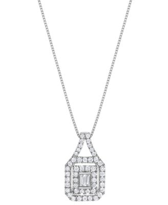 Macy's - Diamond Round & Baguette Double Halo 18" Pendant Necklace (1/2 ct. t.w.) in 14k White Gold