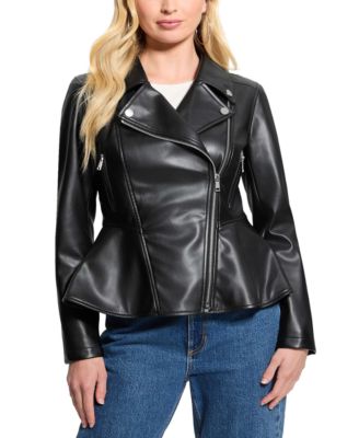 GUESS - Women's Ivy Faux-Leatehr Peplum Moto Jacket