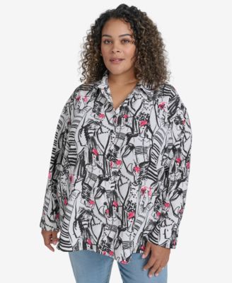 KARL LAGERFELD PARIS - Plus Size Printed Collared Button-Front Shirt, Exclusively at Macy's