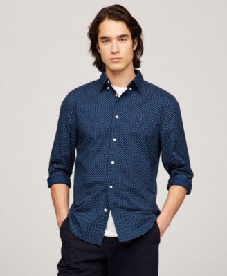 Tommy Hilfiger - Men's Long Sleeve Button-Front Dot Print Flex Poplin Shirt