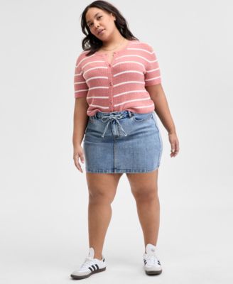 And Now This - Trendy Plus Size Tie-Front Denim Mini Skirt