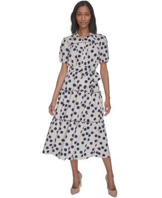Halston - Women's Collared Tie-Waist Short-Sleeve Tiered Dress