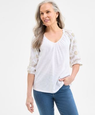 Style & Co - Women's Embroidered-Sleeve 3/4-Sleeve Top