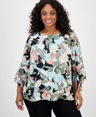 Kasper - Plus Size Clip-Dot Ruffle-Sleeve Top