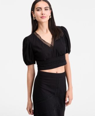 I.N.C. International Concepts - Women's Crochet-Trim Cropped Blouse, Exclusively at Macy's
