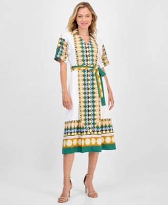 T Tahari - Women's Printed Elbow-Sleeve Tie-Waist Split-Neck Midi Dress