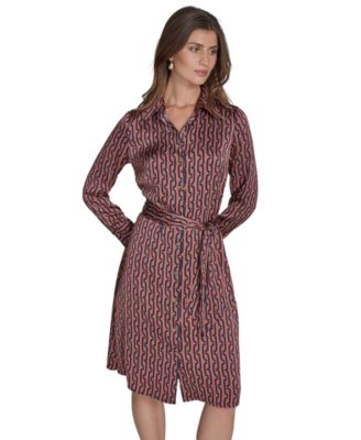 Halston - Women's Printed Satin Belted Long-Sleeve Shirtdress