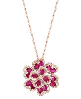 EFFY Collection - Ruby (3-3/4 ct. t.w.) & Diamond (5/8 ct. t.w.) Flower 18"Pendant Necklace in 14k Rose Gold