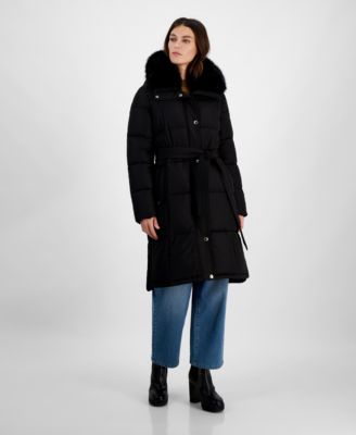 Michael Kors - Women's Faux-Fur-Collar Belted Puffer Coat