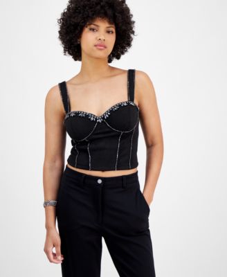 GUESS - Women's Angelica Faux-Suede Rhinestone-Embellished Corset Top