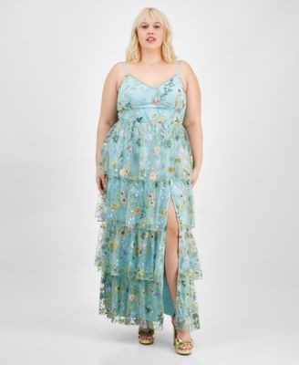 City Studios - Trendy Plus Size Floral Embroidered Tiered Sleeveless Gown