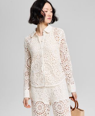 And Now This - Petite Button-Front Long-Sleeve Crochet Shirt