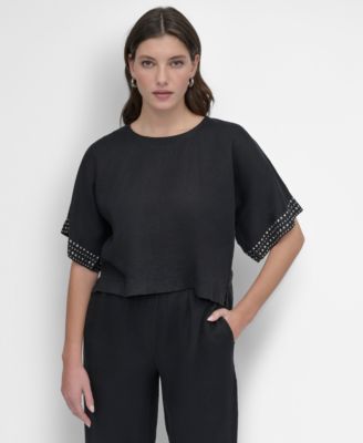 DKNY - Women's Cropped Short-Sleeve Studded Linen Top