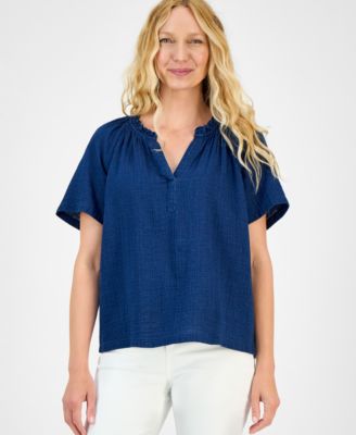 Style & Co - Women's Indigo Ruffle-Neck Top