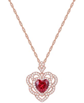 Macy's - Lab-Grown Ruby (2-1/5 ct. t.w.) & Lab-Grown White Sapphire (1/2 ct. t.w.) Heart 18" Pendant Necklace in 14k Rose Gold-Plated Sterling Silver