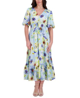 kensie - Women's Floral-Print Puff-Sleeve Maxi Dress