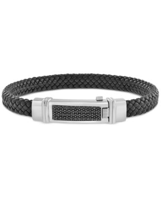 EFFY Collection - Men's Black Spinel Pav&eacute; Woven Black Leather Bracelet (3/4 ct. t.w.) in Sterling Silver