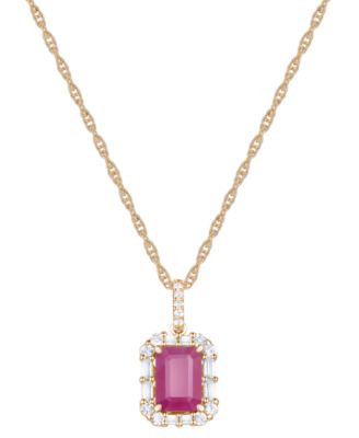 Macy's - Emerald (1 ct. t.w.) & Diamond (1/4 ct. t.w.) Halo 17" Pendant Necklace in 14k Gold (Also in Ruby and Sapphire)