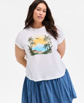On 34th - Trendy Plus Size Raglan-Seam Palm-Print T-Shirt