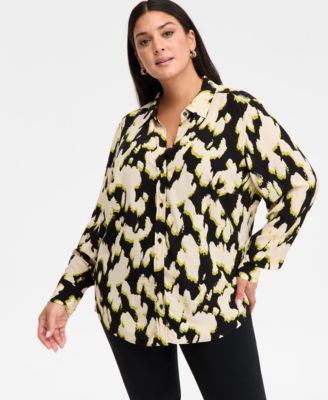 I.N.C. International Concepts - Plus Size Printed Blouson-Sleeve Button-Front Shirt, Macy's Exclusive