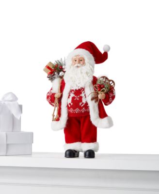 Holiday Lane - 12"H Fabric Standing Santa in Red Sweater Outfit with Gift Bag
