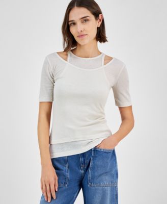 BOSS Orange - Women's Slim Ribbed Layered-Look Short-Sleeve Top