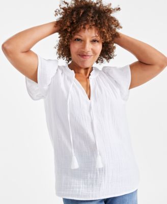 Style & Co - Petite Cotton Flutter-Sleeve Ruffle Top