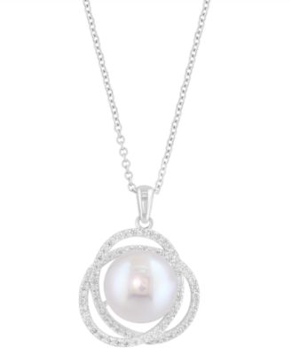EFFY Collection - Cultured Freshwater Pearl (9mm) & Diamond (1/3 ct. t.w.) Swirl Knot 18" Pendant Necklace in 14k White Gold