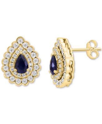 EFFY Collection - Sapphire (7/8 ct. t.w.) & Diamond (3/8 ct. t.w.) Double Halo Pear Stud Earrings in 14k Two Tone Gold