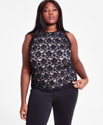 Bar III - Trendy Plus Size Crewneck Sleeveless Lace Top