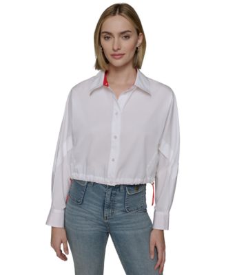 KARL LAGERFELD PARIS - Women's Cotton Contrast-Collar Drawcord Shirt