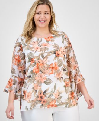 Kasper - Plus Size Printed Flared-Sleeve Blouse