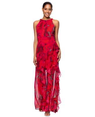 Betsy & Adam - Petite Printed Ruffled Halter Gown