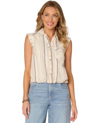 Democracy - Petite Stripe Bubble-Hem Button-Front Top