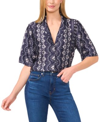 CeCe - Women's Printed Short-Sleeve Camp Top