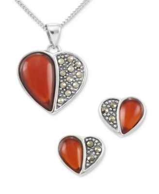 Macy's - 2-Pc. Set Marcasite (1/4 ct. t.w.) & Red Cubic Zirconia Heart Pendant Necklace & Matching Stud Earrings in Sterling Silver