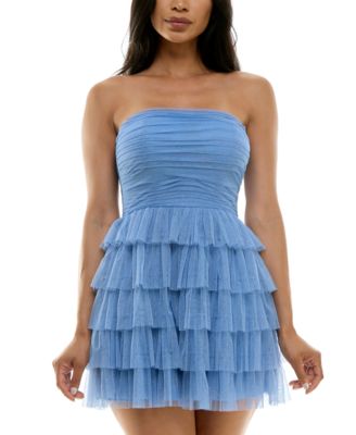 B Darlin - Juniors' Strapless Side-Shirred Tiered Glitter Mini Dress