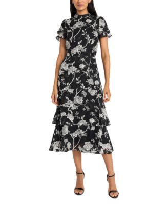 Maggy London - Women's Floral Jacquard Tiered Fit & Flare Dress