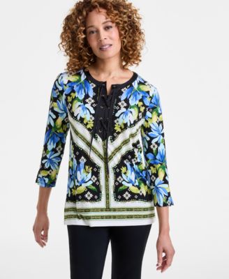 JM Collection - Women's Printed Lace-Up 3/4-Sleeve Top