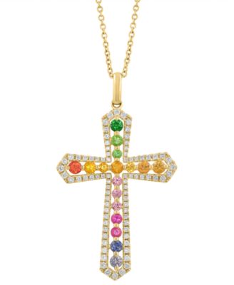 EFFY Collection - Multi-Sapphire (3/4 ct. t.w.), Green Garnet (1/6 ct. t.w.) & Diamond (1/2 ct. t.w.) Cross 18" Pendant Necklace in 14k Gold