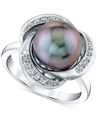 Macy's - Cultured Tahitian Pearl (10mm) & Diamond (1/8 ct.tw) Statement Ring In 10k White Gold
