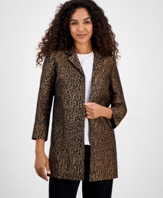 Kasper - Leopard Jacquard Open-Front 3/4-Sleeve Topper, Regular & Petites