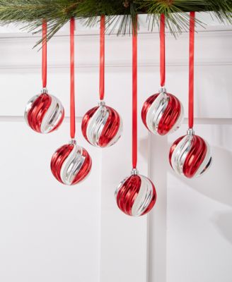 Holiday Lane - Christmas Cheer Set of 6 Shatterproof Red, White & Silver-Tone Swirl Ball Ornaments