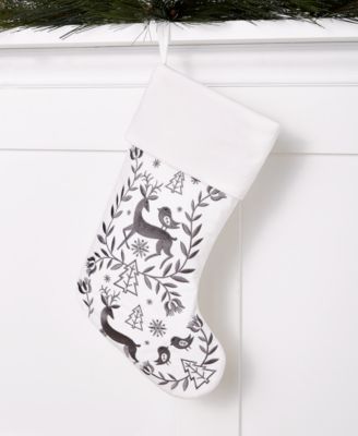 Holiday Lane - White with Grey Reindeer, Birds & Tree Stocking