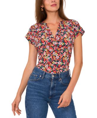 Vince Camuto - Women's Split-Neck Floral-Print Cap-Sleeve Top