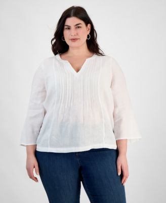Charter Club - Plus Size Linen Split-Neck Pintucked Blouse