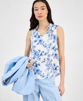 Anne Klein - Women's Printed Ruffle-Neck Sleeveless Blouse