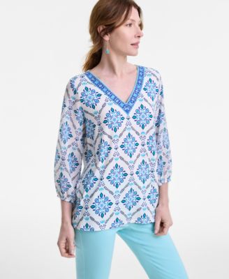 JM Collection - Women's Embellished V-Neck 3/4-Sleeve Top